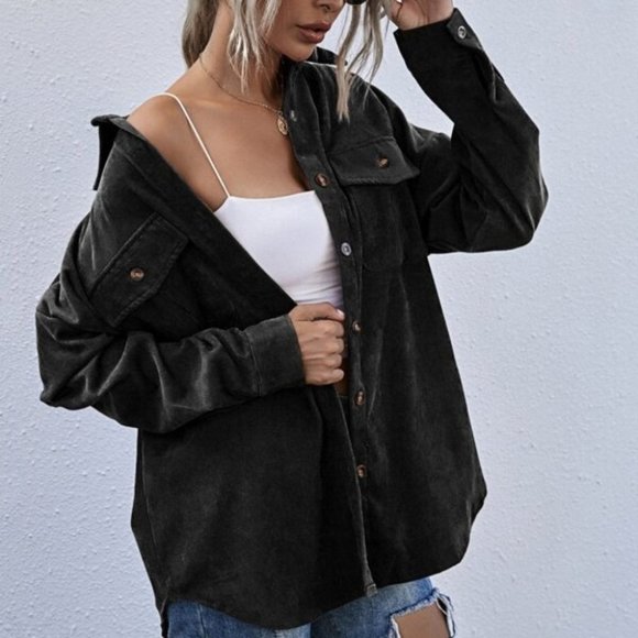 MODA ME COUTURE Tops - black Boyfriend oversized Button Front Corduroy sh